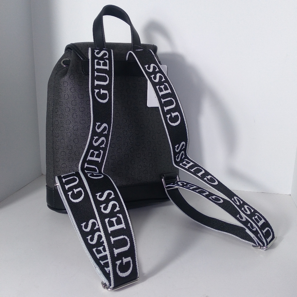 GUESS Black & Grey Monogram Faux Leather Backpack - Picture 12 of 14